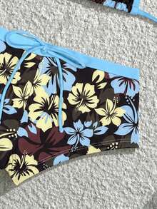 Elavelle Bộ bikini hai mảnh buộc cổ tam giác in họa tiết hoa dâm bụt nhiệt đới, viền đen và xanh dương, thích hợp cho kỳ nghỉ. - Nhiều màu - Xem 5