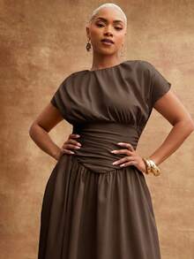 Vixey Solid Woven Round Neck Ruched Drop Waist Maxi Dress - Brown - View 3