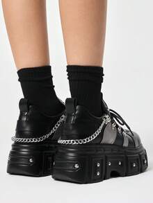 ROMWE Grunge Punk Sandalias de tacón para mujer 2026 Nuevo estilo de moda de primavera y otoño Estilo punk Punta redonda de PU oscuro Suela gruesa Diseño de nicho Hebilla metálica Cordones Zapatos - Negro - Ver 5