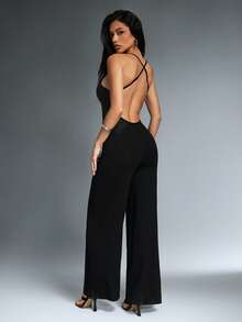 Denimoi Mono sin mangas de pierna ancha con escote bajo sexy para uso diario, brunch y vacaciones - Negro - Ver 2