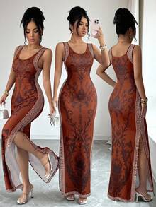 SHEIN Elenzya Exquisite Printed Chinoiserie Waist-Cinching Slit Luxurious Retro Middle Eastern UAE Style Robe, Tight Fit, Multi-Color, Sleeveless - Brown - View 3