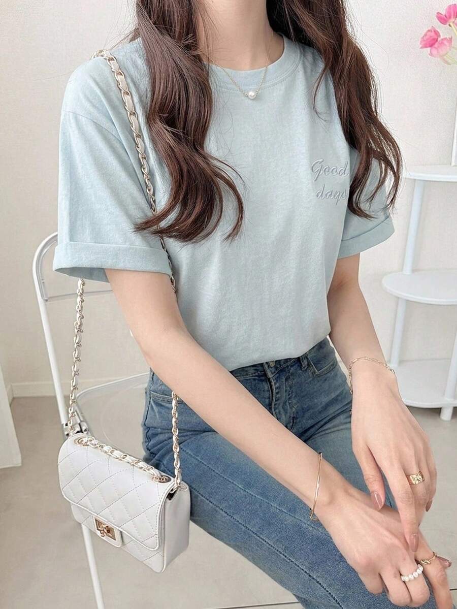 DAZY Letter Embroidery Drop Shoulder Tee Summer Preppy Tops - Baby Blue - View 1