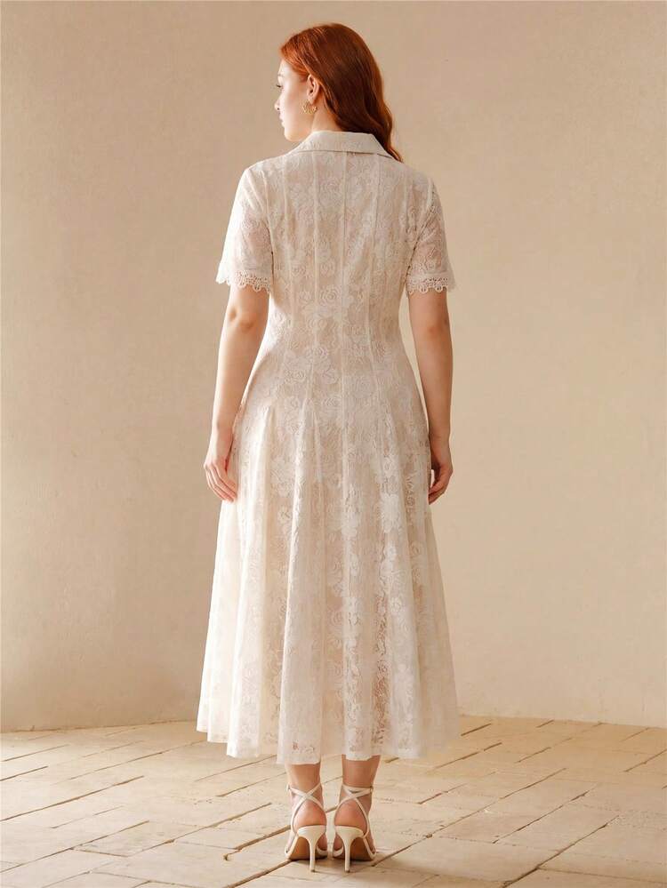 SUMMER LUXURY NON-MAINSTREAM ELEGANT LACE FABRIC WAIST-CINCHING FLARED PLUS SIZE DRESS FOR WOMEN