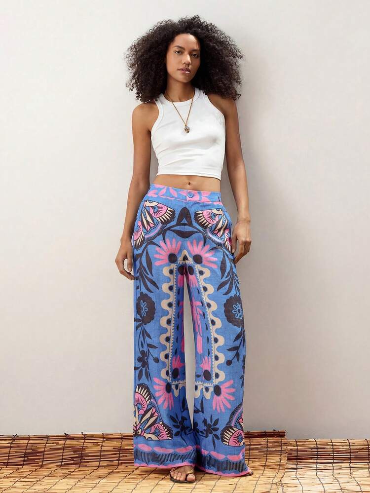 SHEIN Maija Women's Summer Blue Flower Boho Pants,Floral Print Loose Casual Wide Leg Holiday Vacation Outfit,Elastic Waist Pocket Graphic Fashionable Holiday