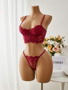 Esselle 2件套女士白色浪漫长款文胸内衣套装 - 酒紅色 - 查看 5