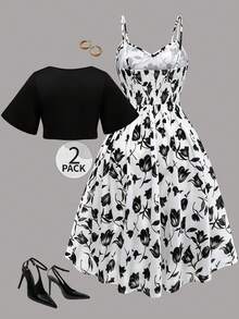 Franclia Plus Size Women 2pcs Set, Solid Color Short Sleeve Top Paired With Floral Print Slip Dress - Black and White - View 2