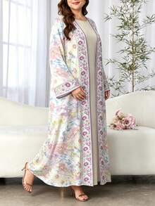 SHEIN Najma 花卉植物图案滚边大码女装连衣裙，优雅阿拉伯风格长袍，春夏时尚长袖开衫长款外套，花卉印花多色卡夫坦长袍 - 彩色 - 查看 8