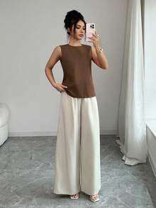 Elenzga 2件組女款夏季休閒優雅通勤套裝，棕色系竹纖維面料無袖上衣搭配杏色寬腿褲，對比色設計 - 咖啡棕 - 查看 7