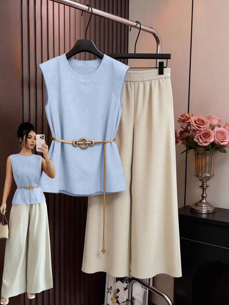 Selianne 2pcs/Set Women's Summer Elegant Work Outfit,Bamboo Fiber Sleeveless Top & Wide Leg Pants,Light Blue And White Dual-Color Casual Commuter Top & Pants - Blue - View 1