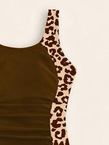 SHEIN Tween Girls' Summer Vacation Beach Leopard Print Ruffle One-Piece Swimsuit - Coffee Brown - View 3
