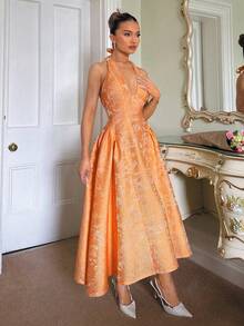 Glamine Charm Vestido acampanado sin mangas con cuello en V y estampado floral en relieve vintage para mujeres - Naranja - Ver 5