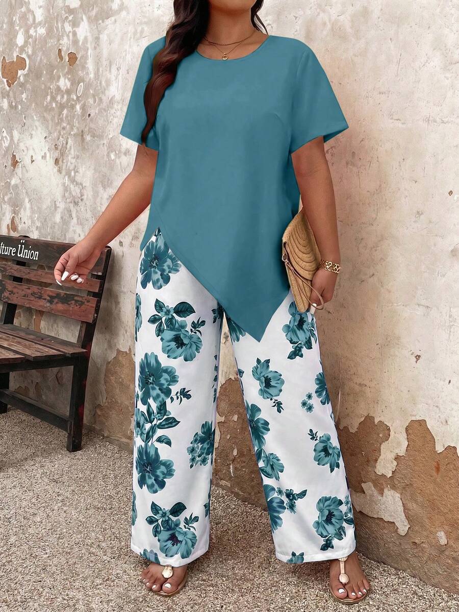 Breezaya 大尺碼女款2件套:不對稱下擺短袖T恤與花卉印花長褲 - 青碧色 - 查看 1