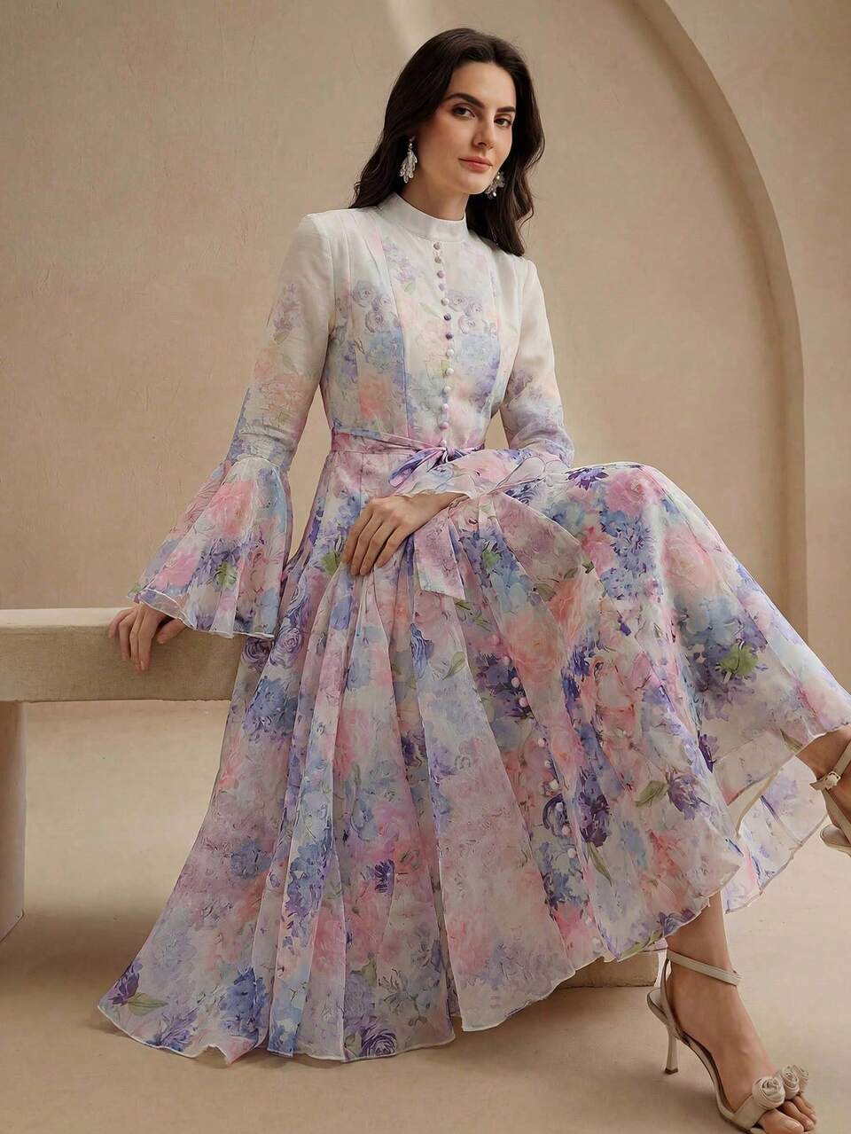 Anewsta Women's Elegant Vacation Loose Fit Flared Sleeve Waist Defined Printed Robe, Suitable For Festivals, Celebrations, Casual Kaftan Robe Gown
