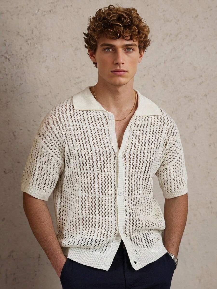 Manfinity CityGents Old Money Men Casual Two-Tone Striped Pattern Button Open Knit Sweater Knitted Button Downs For Men's Old Money, Rave - White - View 1