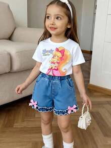 Bộ 2 món cho bé gái, gồm áo thun ngắn tay cổ tròn in hình công chúa và quần short denim cạp chun xếp ly, chất liệu cotton mềm mại, nhẹ, thời trang không thể thiếu cho bé gái, phù hợp mặc mùa xuân/hè, mặc hàng ngày, đi chơi, dự tiệc, sản phẩm mới mùa hè 2026. - trắng - Xem 6