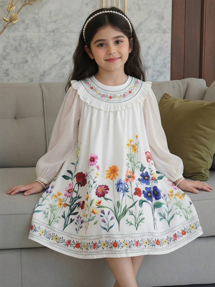 SHEIN 少女印花網紗寬鬆優雅洋裝 - 彩色 - 查看 1