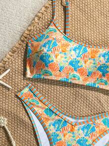 Swim Mod Set de 2 piezas de bikini para mujer, elementos aleatorios de colores del océano y correa con conchas, diseño con ribete geométrico de contraste - Multicolor - Ver 7