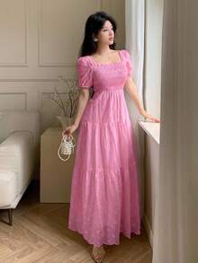 Modelyn French Square Collar Petal Sleeve Hollow Embroidery Cinched Waist A-Line Dress For Women - Watermelon Pink - View 5