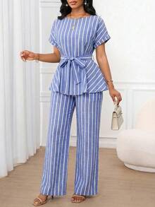 SHEIN Lady Bộ đồ nữ đa năng gồm áo sơ mi kẻ sọc buộc dây và quần dài thường ngày. - Màu xanh lam - Xem 7