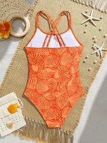 SHEIN Teen Girl Shell Print Crisscross Adjustable Spaghetti Strap One-Piece Swimsuit One Piece Bathing Suit Suits For Teens Summer Beach - Yellow - View 2