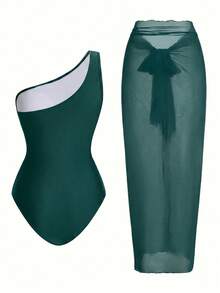 Swim Oasis One-Piece Swimsuit With Solid Color Ruched Mesh Panel And Sarong Skirt - Pink - View 2