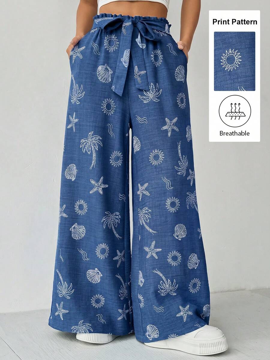 SHEIN Holidaya Women's Starfish Pattern Twist Waist Loose Casual Pants - Blue - View 1