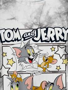 TOM & JERRY X SHEIN 大码夏季街头扎染卡通图案圆领短袖T恤 - 白色 - 查看 4