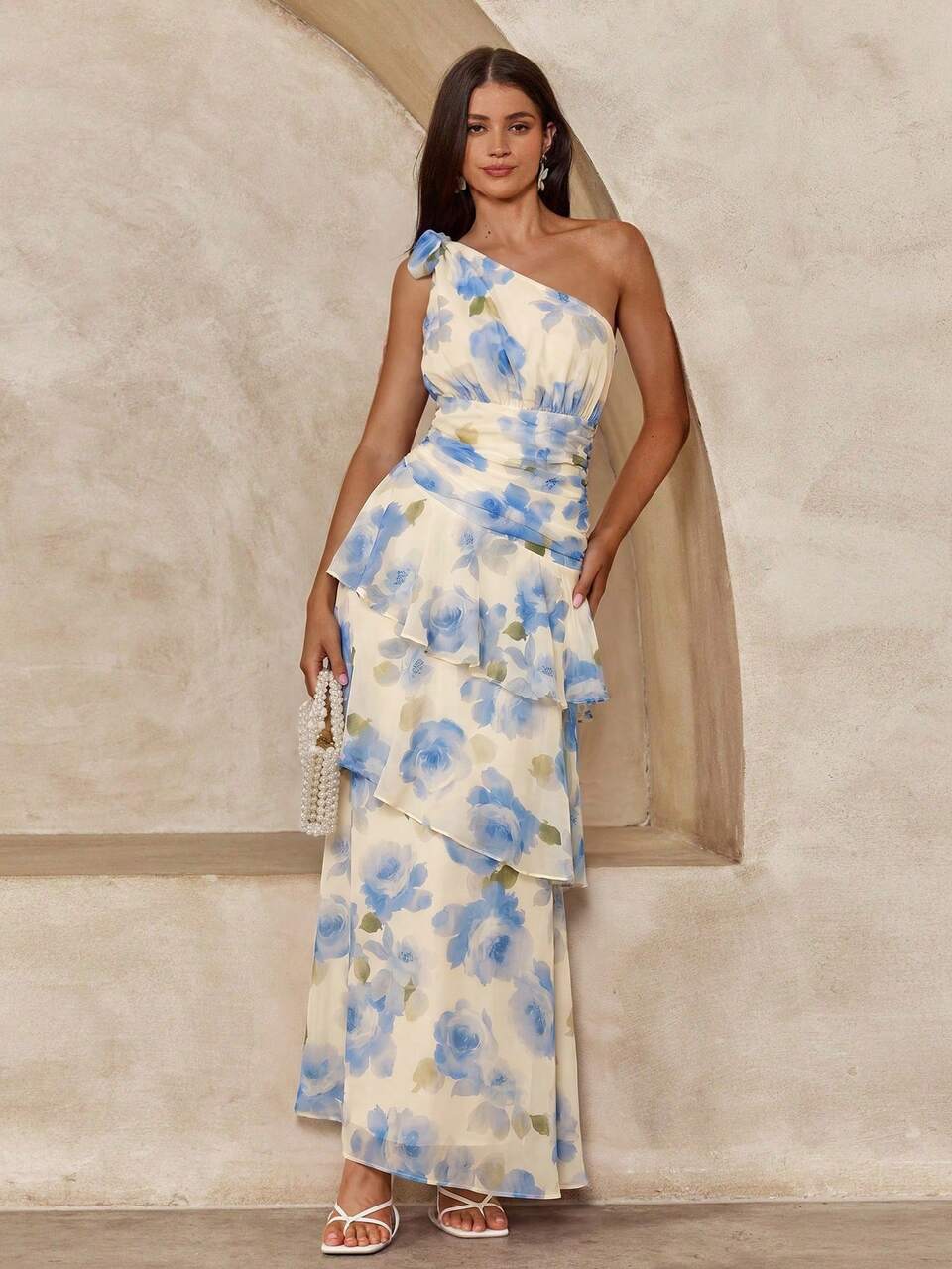 Enchnt Vestido largo con estampado floral y fruncido, de moda para citas y fiestas