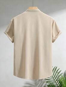 Manfinity Homme Men's Solid Color Front Button Casual Short Sleeve Shirt, Summer - Khaki - View 2