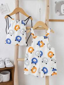Newborn Baby Boy Cute Casual Summer Cartoon Pattern Romper With Bag - Yellow - View 5