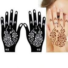 1 High-Quality Flower Pattern Henna Tattoo Template Sticker, Color Painting Temporary Hand Tattoo Template, Flash Painting Hollow Sticker, Suitable For Body Painting Makeup Manheidi Pattern. - Black - View 2