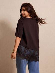 Elaquor Plus Size Summer Minimalist Contrast Lace Asymmetric Hem Short Sleeve T-Shirt - Coffee Brown - View 2