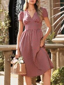 Vestido midi de mujer elegante de unicolor con bolsillo oblicuo, cintura ceñida y cuello en V acampanado - Rojo y blanco - Ver 3