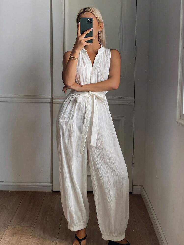 Women's Solid Color Knotted Waist Casual Jumpsuit For Daily Wear & Home Summer