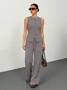 SHEIN Tall 2件組女款休閒條紋前扣長袖上衣與寬腿褲套裝，適合秋季、夏季，高個子女性穿搭 - 棕色 - 查看 5