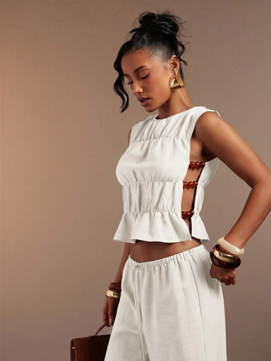 Hauture Women's Sexy Casual Sleeveless Tank Top With Side Cut Out Beaded Detail - White - View 1