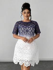 Maweii Đầm ngắn tay cổ tròn khoét rỗng phối ren ombre mùa hè mới, trang phục nghỉ mát thanh lịch, phong cách Pháp, gợi cảm. - Nhiều màu - Xem 1
