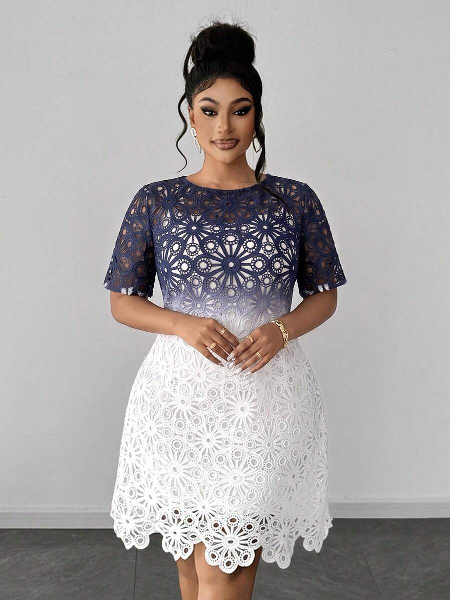 Maweii Đầm ngắn tay cổ tròn khoét rỗng phối ren ombre mùa hè mới, trang phục nghỉ mát thanh lịch, phong cách Pháp, gợi cảm. - Nhiều màu - Xem 1