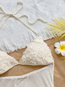 Soleia Bộ đồ thời trang nữ gồm áo hai dây cổ yếm ren và chân váy ngắn họa tiết hoa 3D. - Màu be - Xem 4