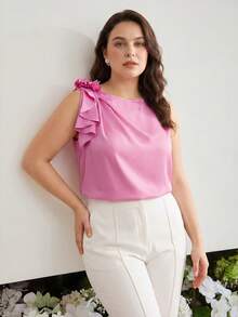 MOTF PREMIUM PLUS SIZE WOMEN BOAT NECK ASYMMETRIC FAUX 3D FLORAL DECOR RUFFLE TRIM SLEEVELESS ELEGANT BLOUSE - Hot Pink - View 6