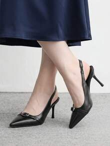 CUCCOO BIZCHIC 女士春夏纽扣粘跟高跟鞋 - 黑色漆皮优雅办公及派对鞋 - 黑色 - 查看 5
