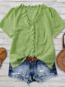 Linhara Plus Size Women's Solid Color Textured V-Neck Short Sleeve Casual Regular Blouse, Suitable For Going Out, Vacation, Club - Green - View 6