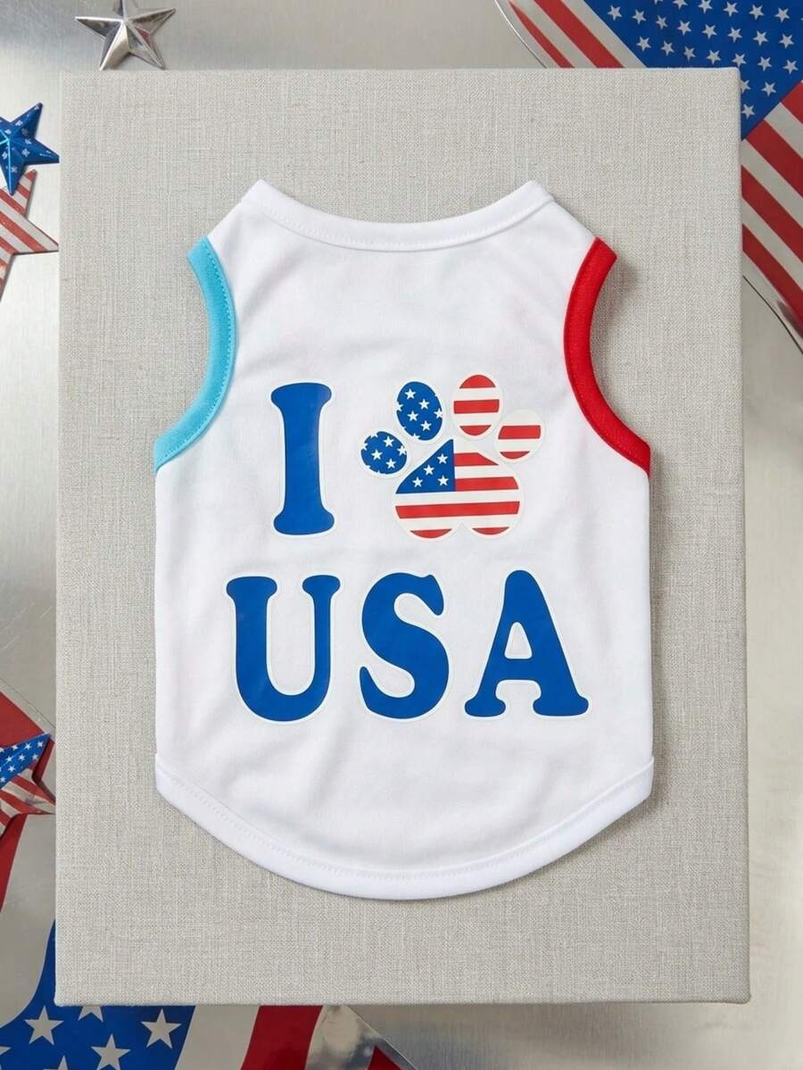 PETSIN I Love USA Independence Day Flag Dog Paw Print & Letter Print Universal White Vest For Cats And Dogs - Multicolor - View 1