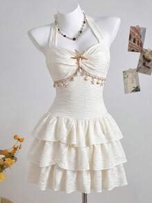 SHEIN Teen Girl Halter Starfish Shell Decor Ruffle V-Neck Floral Knit Textured Tiered Cake Dress For Summer,Beach,Holiday,White Cruise Island Vacation - White - View 4