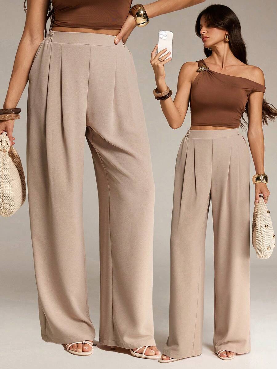 SHEIN Tall 女款高腰純色百褶寬腿鬆身長褲，基礎休閒款，適合冬季與春季，高個女性適用 - 卡其色 - 查看 1