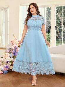 Modelyn Plus Size Women's Elegant Lace Patchwork Waist Dress, Spring/Summer - Blue - View 1
