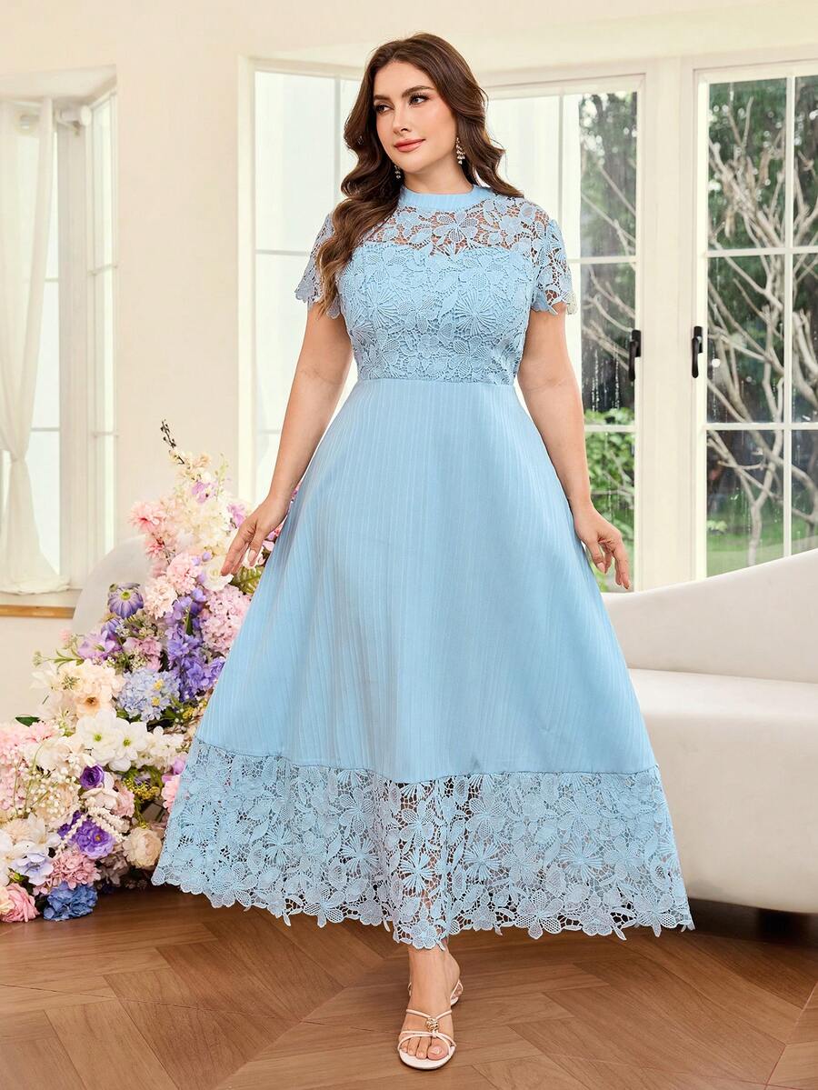 Modelyn Plus Size Women's Elegant Lace Patchwork Waist Dress, Spring/Summer - Blue - View 1