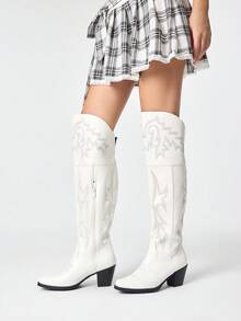 ROMWE Fairycore 2026 New Women's Plus Size Party Holiday Vacation Western Boots Knight Boots Over Knee Boots Side Zipper Boots - White - View 4