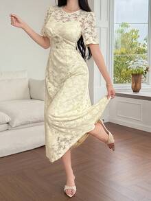DAZY Brown And Cream Textured Lace Dress For Women,Elegant Summer Tea Party Date Night Sun Dresses,Waist-Cinching Short Sleeve Mid-Length Formal Wedding - Beige - View 4