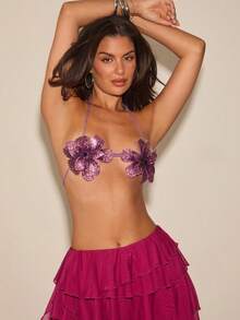 Opulessa Purple Floral Backless Halter Neck Sexy Top,Summer Top - Purple - View 4